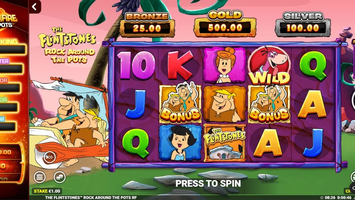 Tampilan visual slot The Flintstones: Rock Around The Pots dengan karakter ikonik dan elemen Zaman Batu.