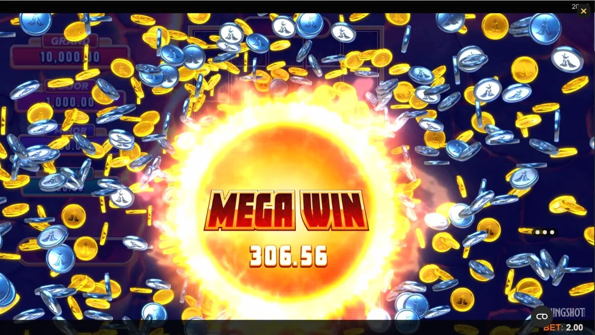 Pemandangan visual slot Eruption Blaze Cashingo dengan tema gunung berapi dan koin emas.