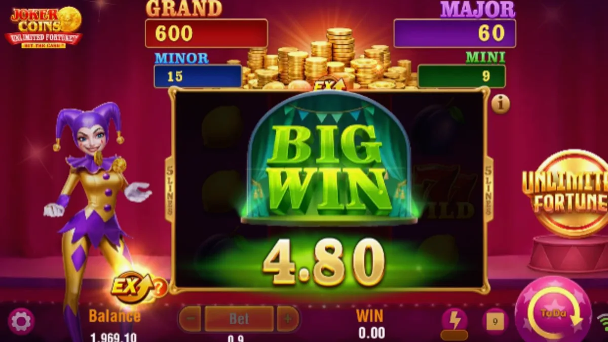 Tampilan visual slot Joker Coins Unlimited Fortune dengan tema neon dan buah klasik